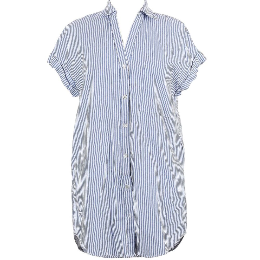 TRF Zara Blue & White Cap Sleeve Shirtdress w/Side Pockets 100% Cotton Size Med.